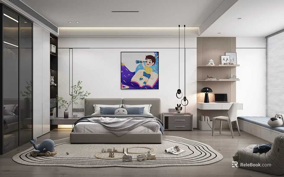 Modern Kids' Room Interior With Cozy Bed Desk Rug Toys Decorative Art Plant And Bookshelf 3d model 