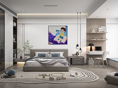 Modern Kids' Room Interior With Cozy Bed Desk Rug Toys Decorative Art Plant And Bookshelf 3d model