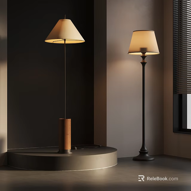 Modern Floor Lamps With Wooden And Metal Bases In Dark Wall Room Interior 3d model 