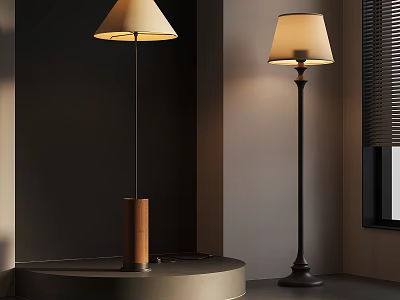 Modern Floor Lamps With Wooden And Metal Bases In Dark Wall Room Interior 3d model