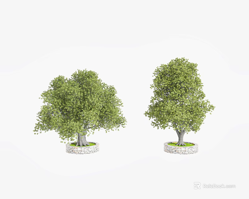 Stone Tree Pit Design With Lush Green Trees And Grass Base 3d model
