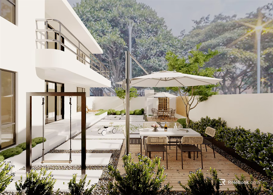 Modern Garden Design With Outdoor Dining Table Umbrella And Green Plants 3d model 