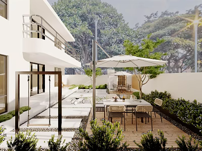 Modern Garden Design With Outdoor Dining Table Umbrella And Green Plants 3d model