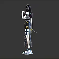 Female Character in Floral Traditional Costume Holding Sword with Modern Sneakers Three Angles