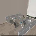 Modern Office Workspace With Partition Desk And Chair Set Computers Wooden Floor And Window Blinds