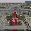 Modern Industrial Park With Glass Facade Buildings Central Green Space And Red Walkway