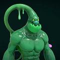 Green Monster Game Movie Character With Muscular Body Tentacle And Slime Drips