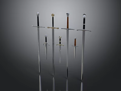 Weapons Collection Featuring Long Swords And Short Daggers With Metallic Blades And Various Handles 3d model