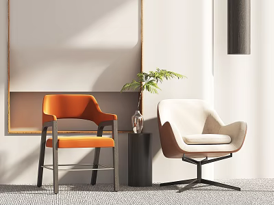 Modern Orange Cream Chairs And Black Side Table Set With Green Plant Vase 3d model