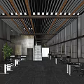 Modern Public Office Space With Black Slatted Ceiling Large Windows Green Plants And Ergonomic Chairs