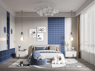 Modern Kids Room Interior With Blue Wall White Balloon Chandelier And Decorative Paintings 3d model