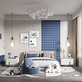 Modern Kids Room Interior With Blue Wall White Balloon Chandelier And Decorative Paintings
