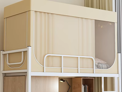 Beige Bed Canopy For Bunk Bed With White Frame And Curtain In Bedroom 3d model