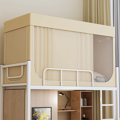 Beige Bed Canopy For Bunk Bed With White Frame And Curtain In Bedroom 3d model
