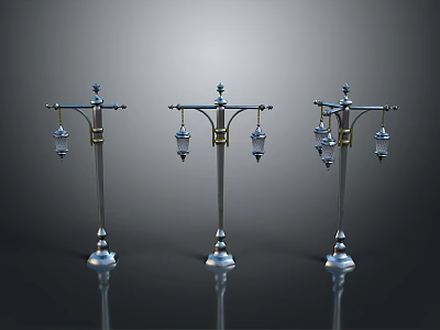 Vintage Street Lamps With Multiple Lanterns And Shiny Bases Against Dark Background 3d model