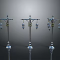 Vintage Street Lamps With Multiple Lanterns And Shiny Bases Against Dark Background