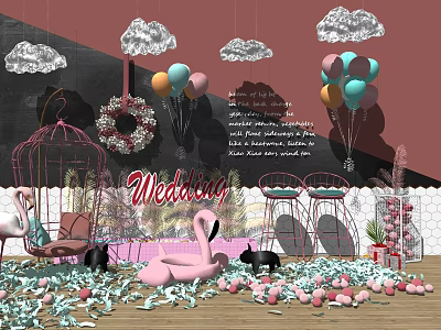 Wedding Floral Art Display with Pink Flamingo Colorful Balloons Wreath Birdcage and Decorative Clouds 3d model