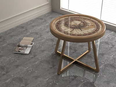 Round Coffee Table with Intricate Marble Pattern Top and Gold Cross Legs Near Magazines 3d model