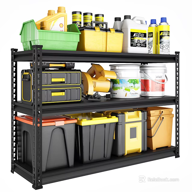 Black Multi tier Storage Shelf With Colored Bins Toolboxes And Paint Cans 3d model 