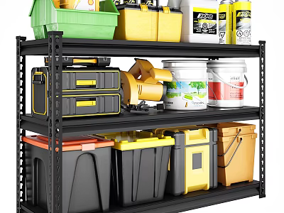 Black Multi tier Storage Shelf With Colored Bins Toolboxes And Paint Cans 3d model