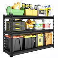 Black Multi tier Storage Shelf With Colored Bins Toolboxes And Paint Cans 3d model