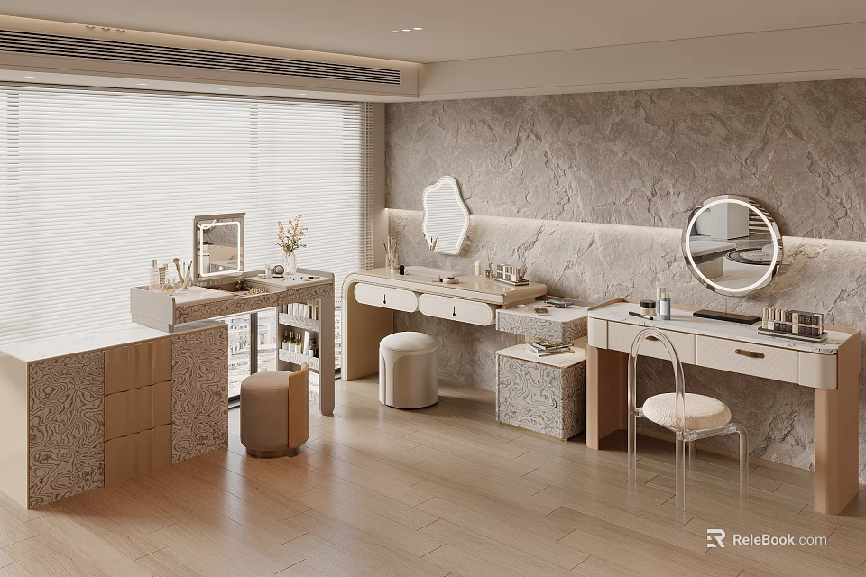 Modern Dressing Table Interior With Marble Top Round Mirror And Stool 3d model