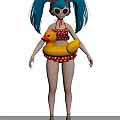 Woman With Blue Pigtails Red Polka Dot Headband Red White Bikini Holding Yellow Inflatable Duck