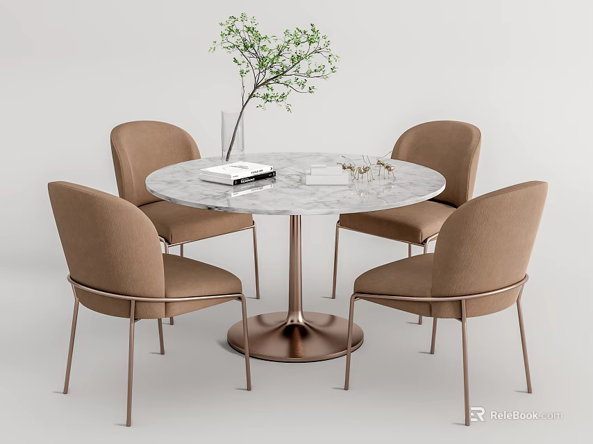 Modern Round Marble Dining Table With Four Brown Upholstered Metal Leg Chairs And Decorative Items 3d model 
