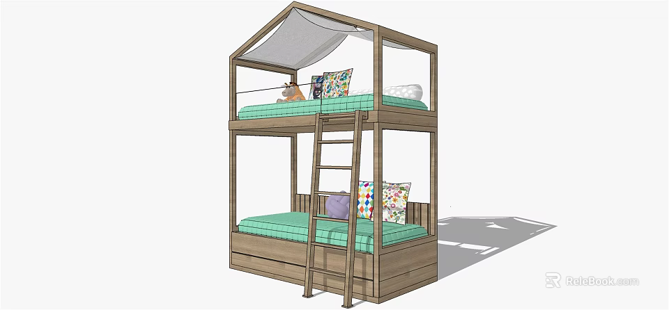 Wooden Bunk Bed With Ladder Green Mattress Colorful Pillows And Stuffed Toy 3d model 