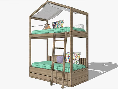 Wooden Bunk Bed With Ladder Green Mattress Colorful Pillows And Stuffed Toy 3d model