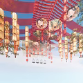 Traditional Red Ceiling Design With Hanging Lanterns And Decorative Paintings 3d model