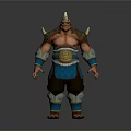 Muscular Fantasy Warrior Character With Golden Helmet Spiked Shoulders Blue Waist Guard And Ornate Details