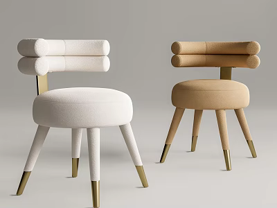 Modern White And Beige Dining Chairs With Round Padded Backrests And Golden Metal Legs 3d model