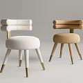 Modern White And Beige Dining Chairs With Round Padded Backrests And Golden Metal Legs