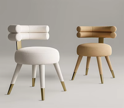 Modern White And Beige Dining Chairs With Round Padded Backrests And Golden Metal Legs 3d model