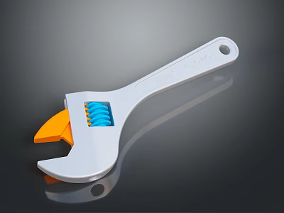 Adjustable Wrench With Orange Jaw Blue Spring White Handle And Reflection On Dark Surface 3d model