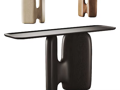 Modern Console Table With Sleek Black Top And Unique Curved Wooden Support Base Design 3d model