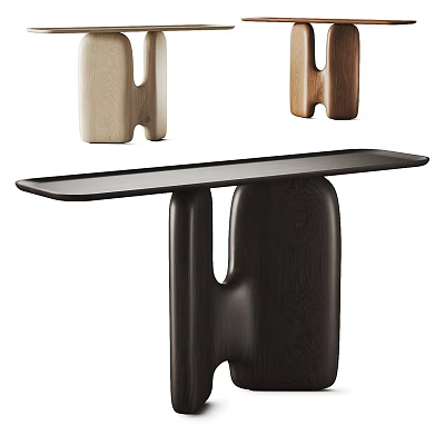 Modern Console Table With Sleek Black Top And Unique Curved Wooden Support Base Design 3d model