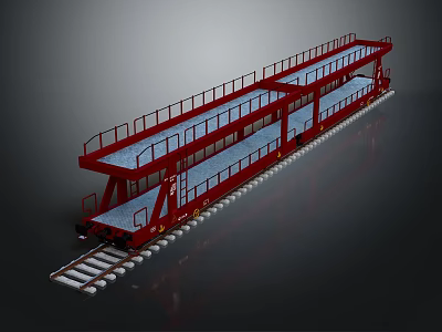 Red Multi Layer Railway Transport Trailer With Guardrails And Platform Structure On Rail Tracks 3d model