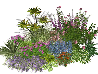 Diverse Garden Plant Combination Featuring Palm Leaves Purple Pink Blue Flowers And Green Shrubs 3d model