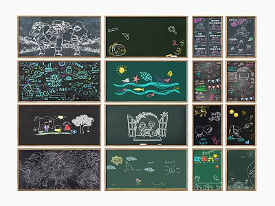 Chalkboard Wall Hanging with Hand drawn Cartoons Trees Marine Life and Diverse Decorative Patterns 3d model
