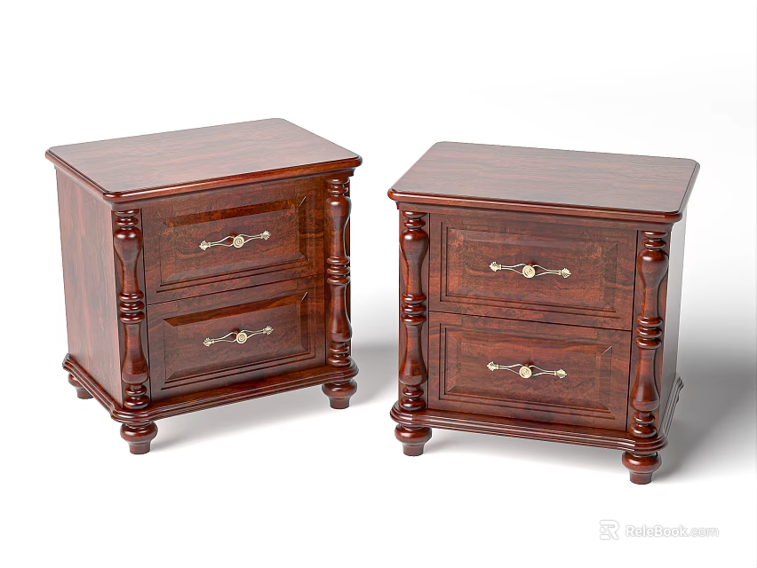 Pair of Dark Brown Wooden Bedside Tables with Two Drawers and Carved Legs 3d model 