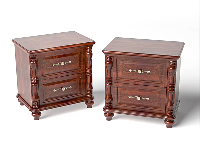 Pair of Dark Brown Wooden Bedside Tables with Two Drawers and Carved Legs 3d model