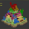 Cartoon Shop Building with Colorful Roof Chimney Decorative Windows Green Bottles Gear Elements on Platform