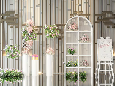 Inflatable Party Decorations With White Columns Pink Green Flowers And Welcome Easel On Striped Wooden Wall 3d model