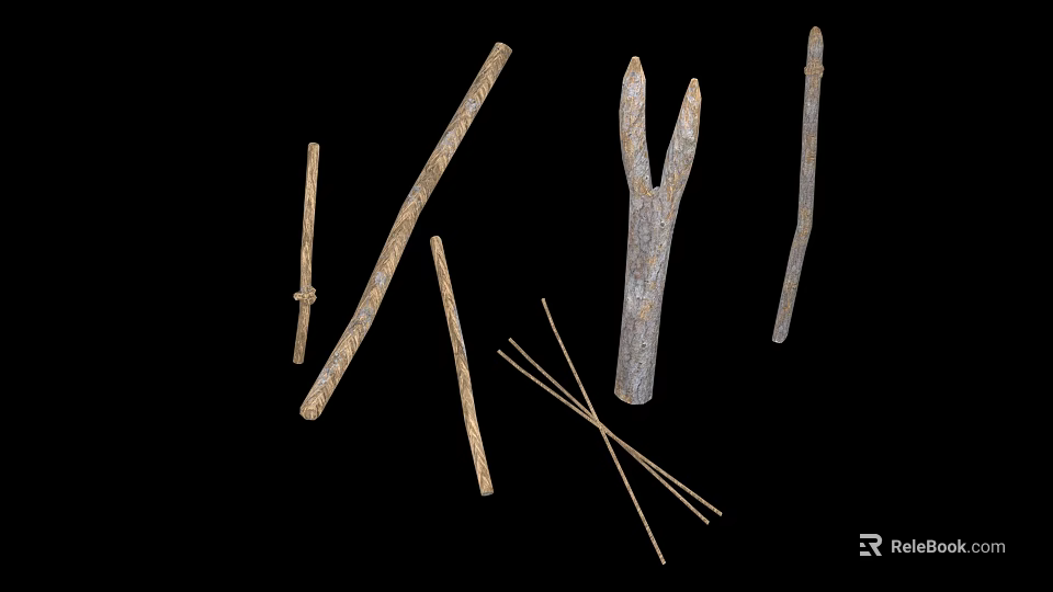Natural Raw Wood and Stone Pieces Including Forked Branches Sticks and Slender Strips 3d model 