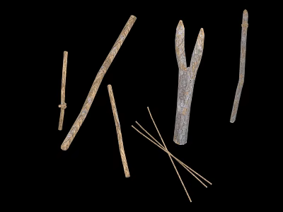 Natural Raw Wood and Stone Pieces Including Forked Branches Sticks and Slender Strips 3d model