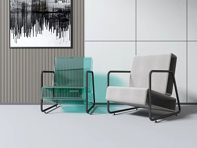 Modern Single Sofa With Green Transparent And Gray Fabric Design And Abstract Wall Art 3d model