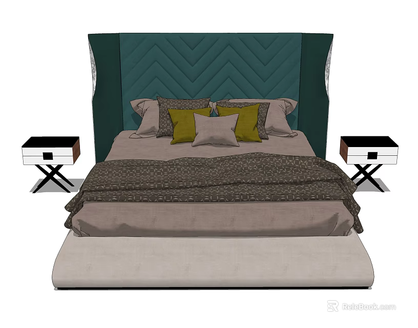 Modern Double Bed with Dark Green Chevron Headboard Pillows and Nightstands 3d model 