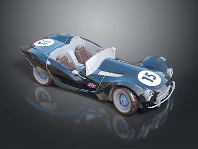 Dark Blue Vintage Race Car With Number 15 Union Jack Emblem And Brown Seats 3d model